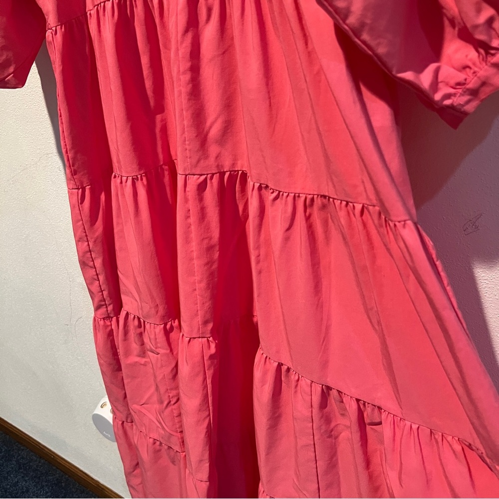 Zara Pink Tiered Poplin VNeck Oversized Maxi Dress Puff Sleeve Size XS - Picture 6 of 12